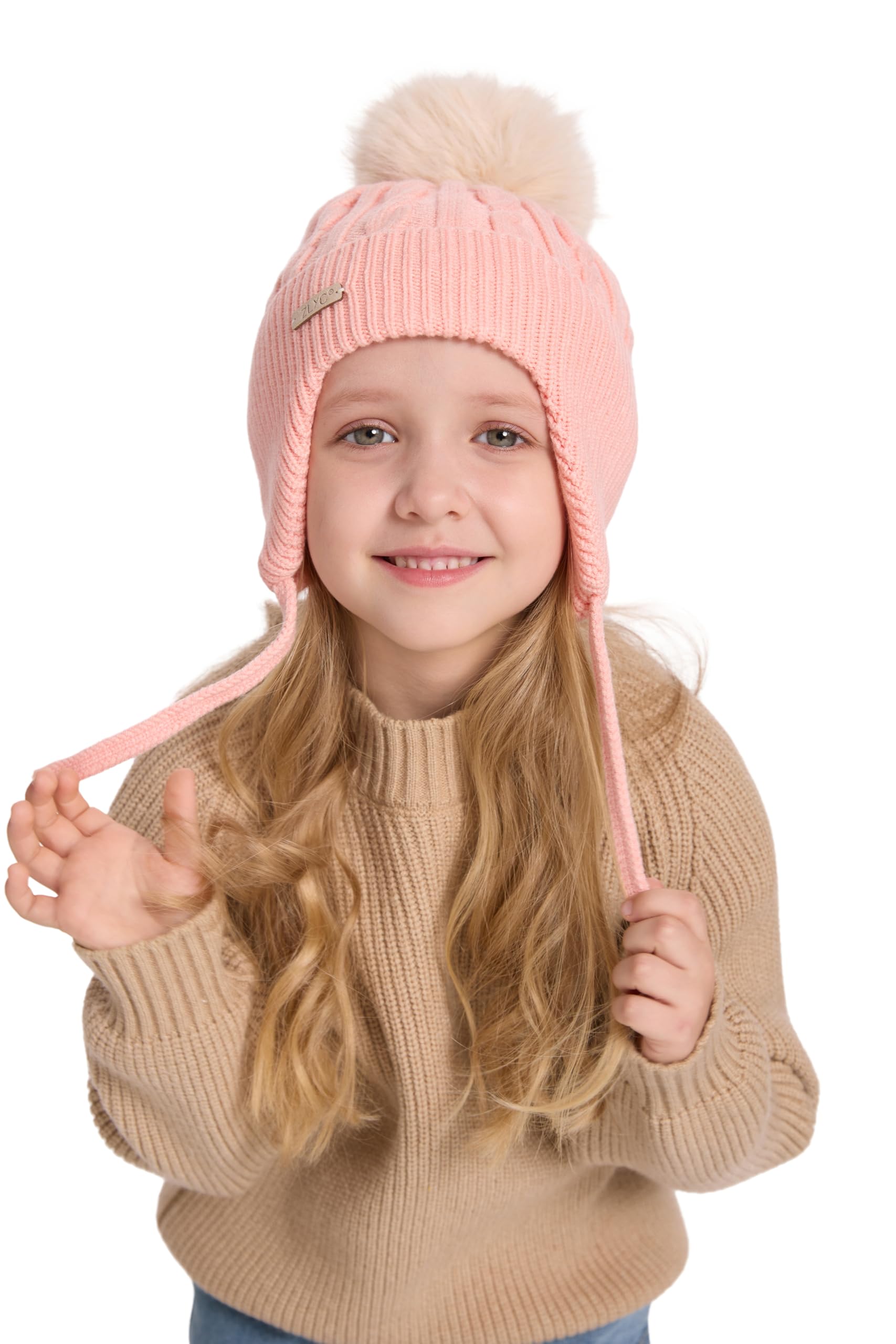 ZLYC Kinder Mädchen Strickmützen Wintermützen Baumwolle Pom Pom Beanie