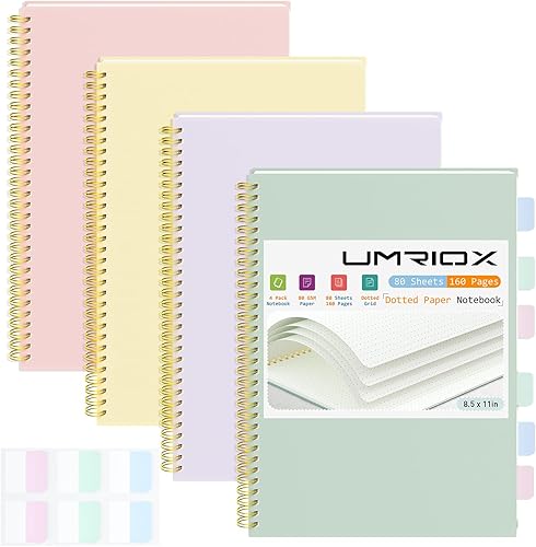Umriox Paquete de 4 cuadernos en espiral punteado, cuaderno de cuadrícula de puntos de 8.5 x 11 pulgadas, cuaderno encuadernado en espiral de 160