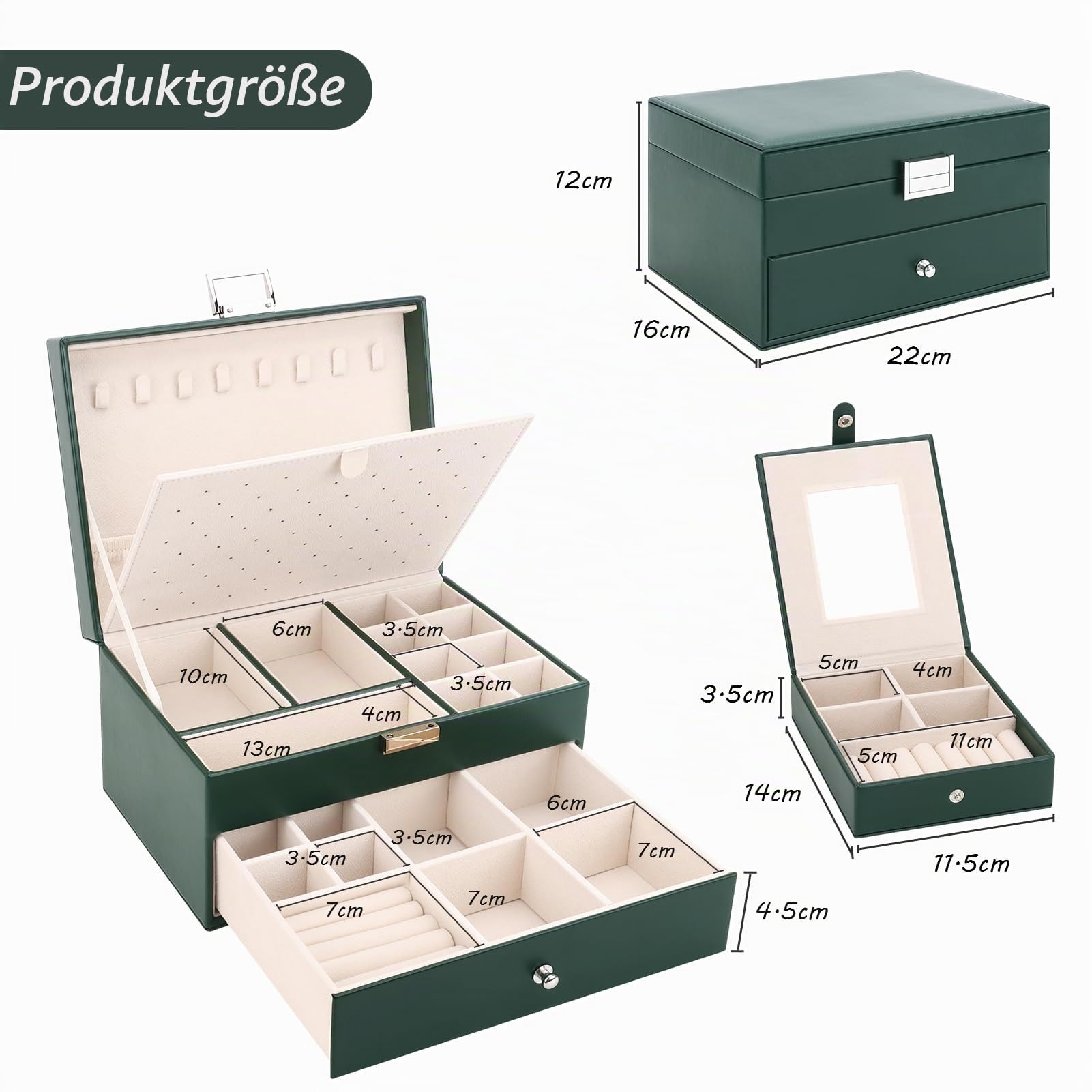 Schmuckkästchen mit 2 Ebenen mit Schubladen, Groß PU Leder Schmuckbox mit tragbarem Reise Schmuckkasten, Schmuckschatulle Damen Mädchen für Ringe, Ohrringe, Armbänder, Halsketten, Dunkelgrün