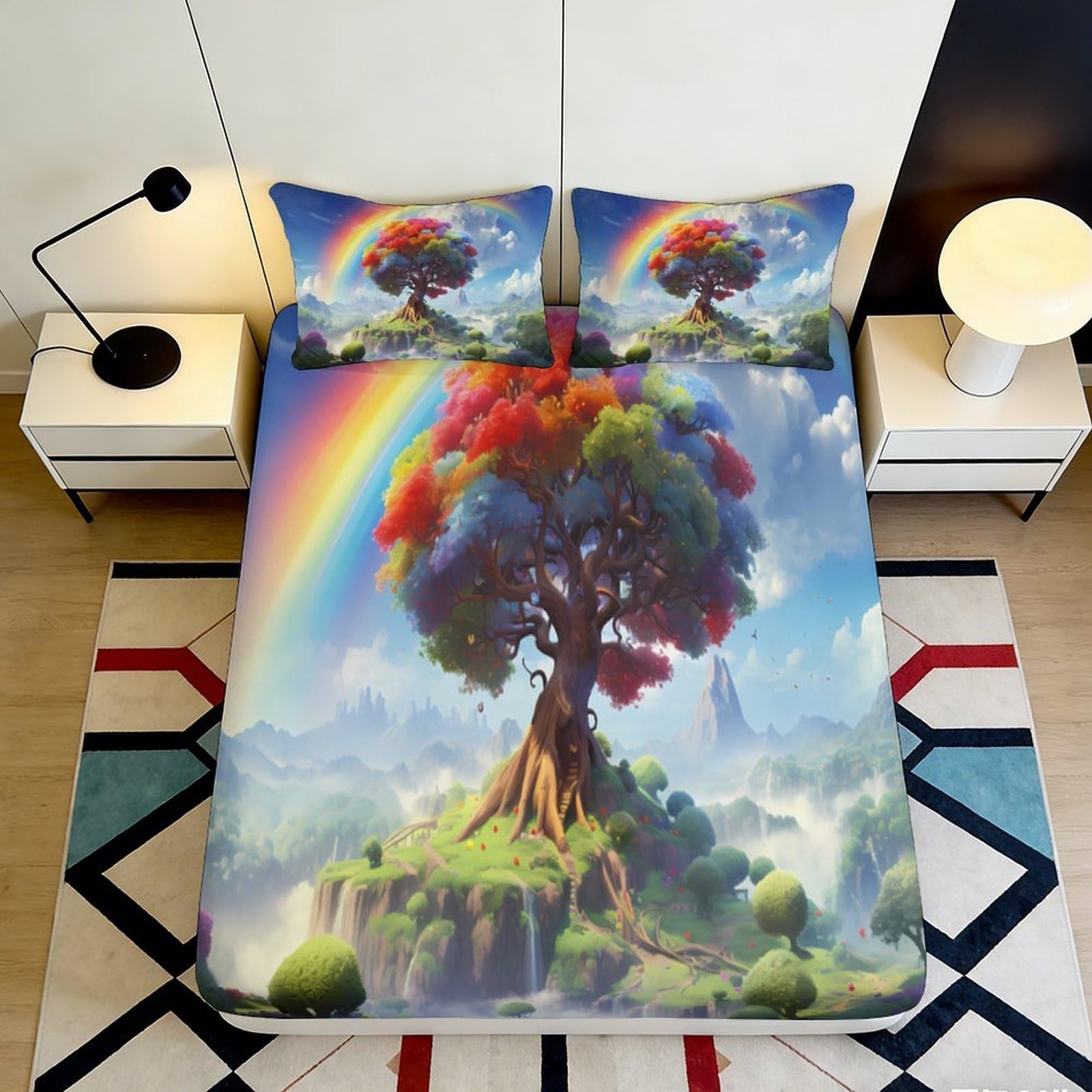 3D Printed Rainbow Tree Fitted Sheet Microfiber Soft Anti-Slip Scenic Fantasy Bed Cover for Bedroom Guest Room Decor 90x200x25cm