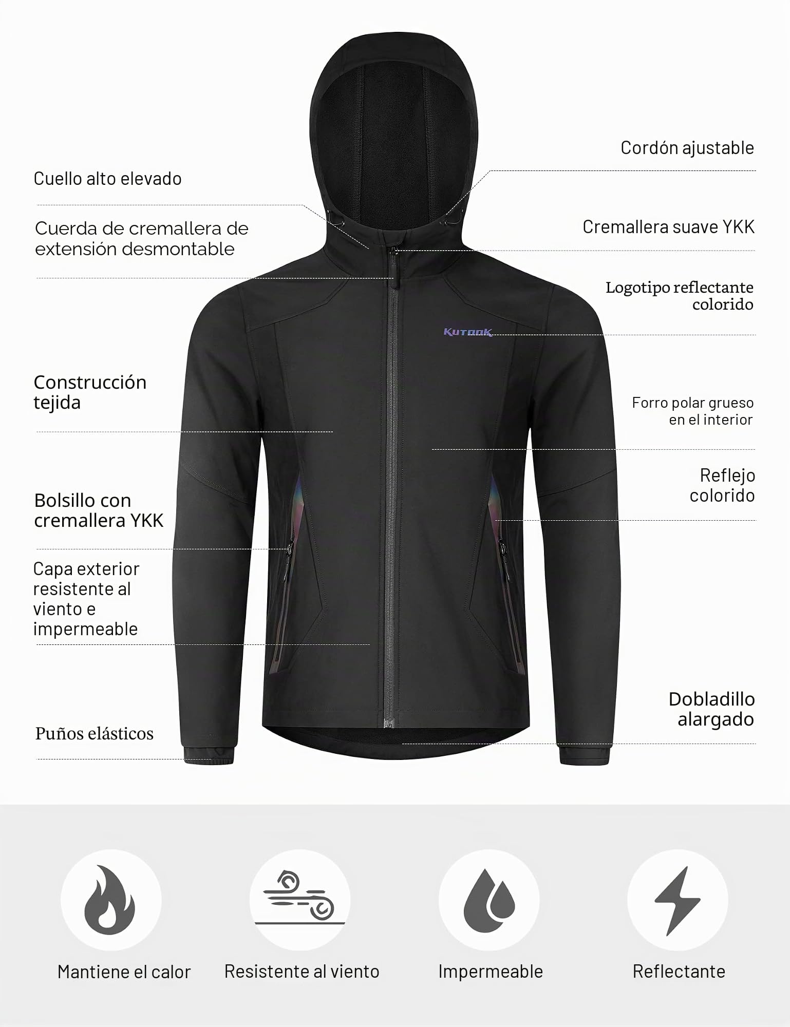 KUTOOK Chaqueta Hombre Invierno Cortavientos Softshell Trekking Senderismo Montaña Running Ropa Ciclismo Termica Impermeable Negro XL