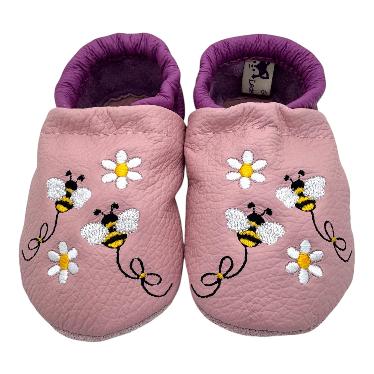 Generisch Personalisierte Krabbelschuhe Lederpuschen mit Bienen und Blüten | Altrosa/Magenta | Lauflernschuhe Baby | Handgemacht in Paderborn | Geschenk