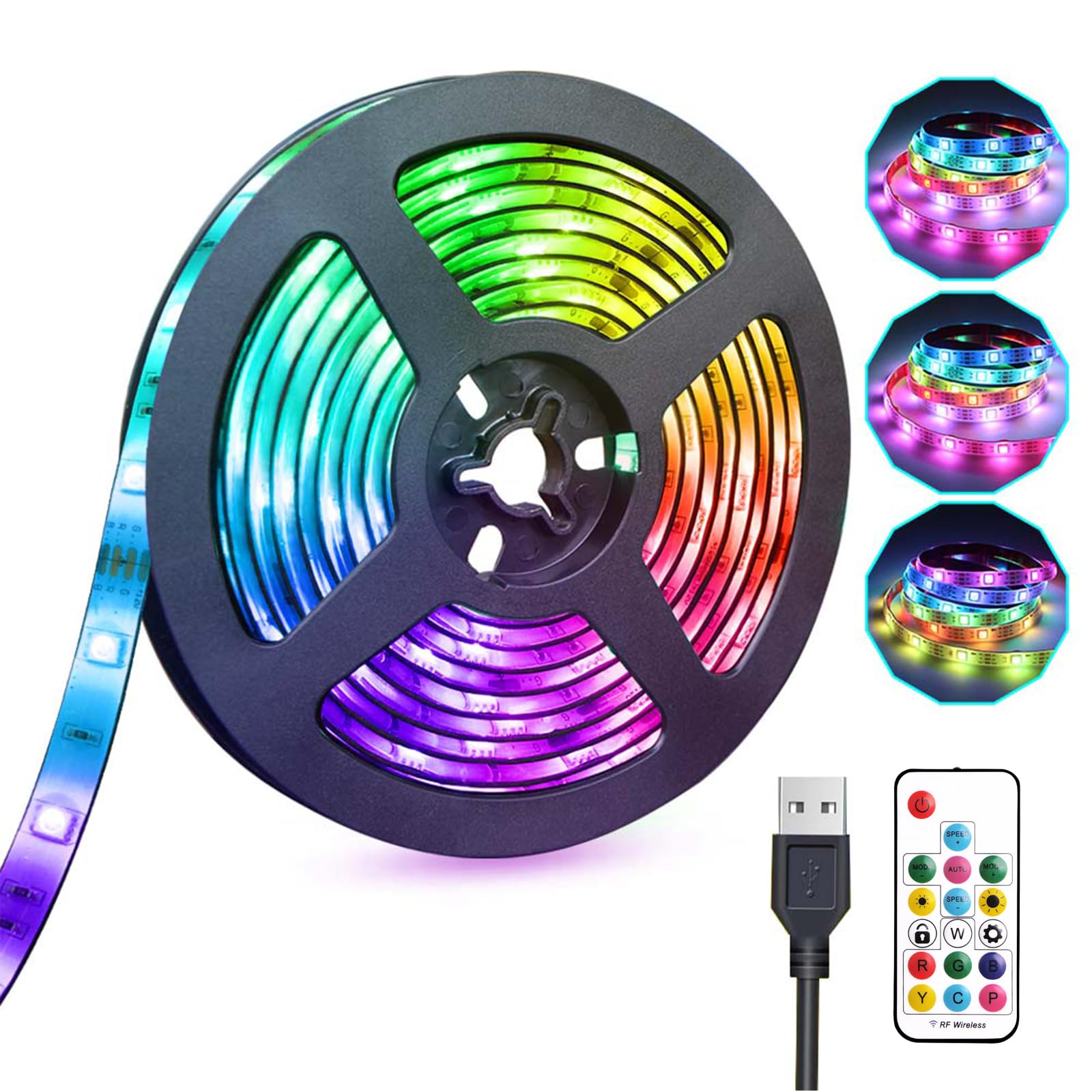Tira de luz LED USB de 16,4 m, alimentada por USB con mando a distancia de 17 teclas, impermeable, cambio de color RGB, tira de luz flexible para TV, dormitorio, ordenador, espejo