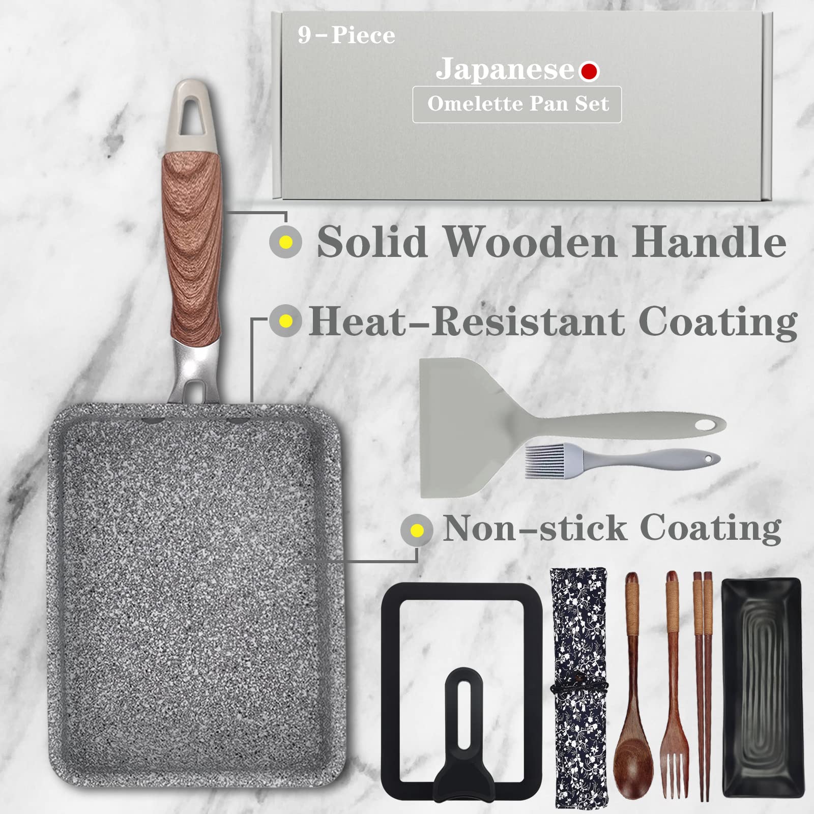 DXBVIEX Tamagoyaki Pfanne Set - Japanische Omelettpfanne Antihaftbeschichtet | 9-teiliges Kochset