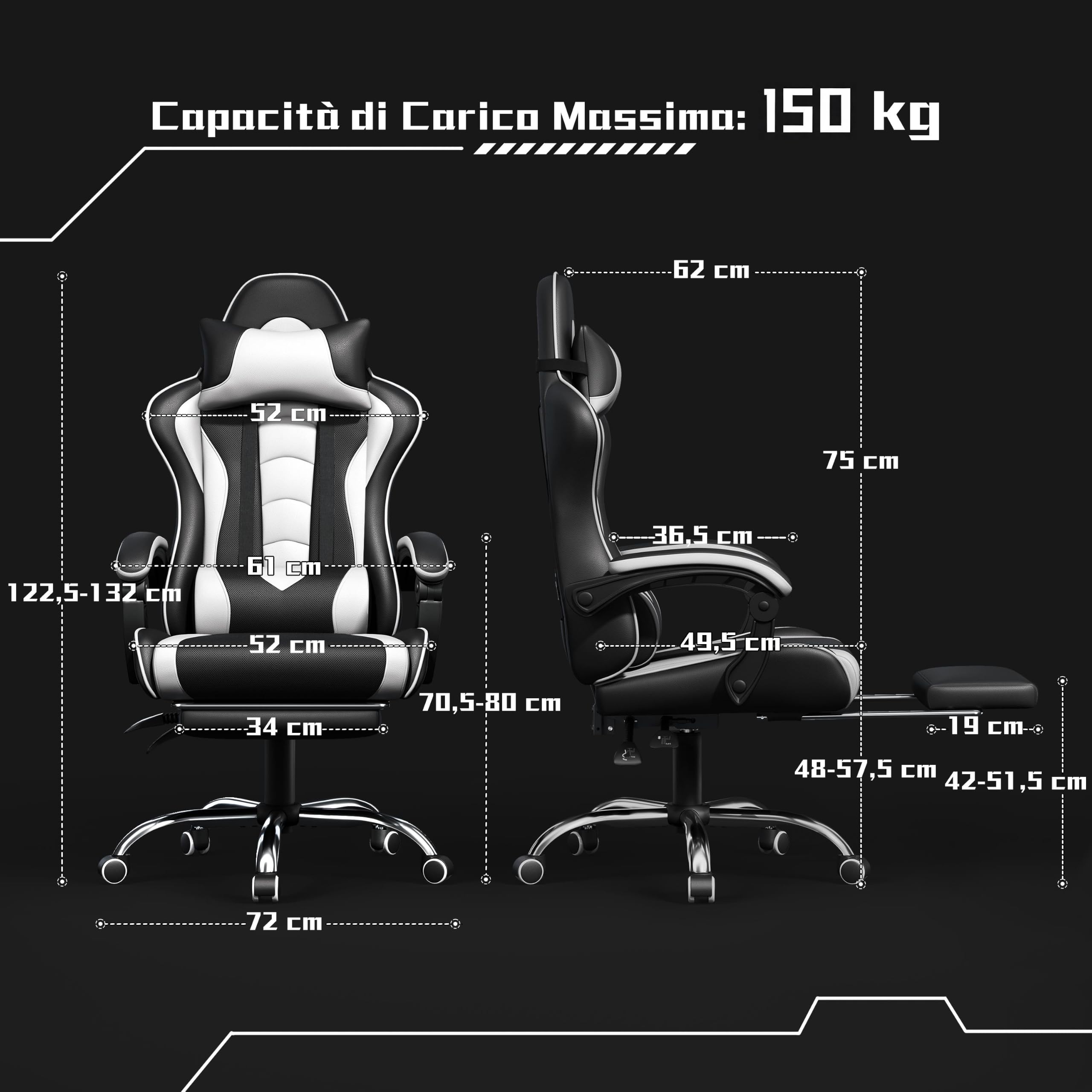 Sedia Gaming Ergonomica Massaggiante Reclinabile 90-135° con Poggiapiedi Poggiatesta e Supporto Lombare Braccioli Imbottiti in Finta Pelle, Poltrona Gamer con Ruote Portata 150 kg Bianco