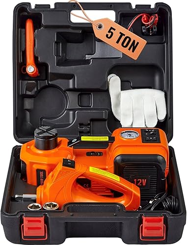 Gato hidráulico eléctrico de piso de coche resistente 5 toneladas 12V con llave de impacto y bomba de inflado - Ideal para reparación de automóviles