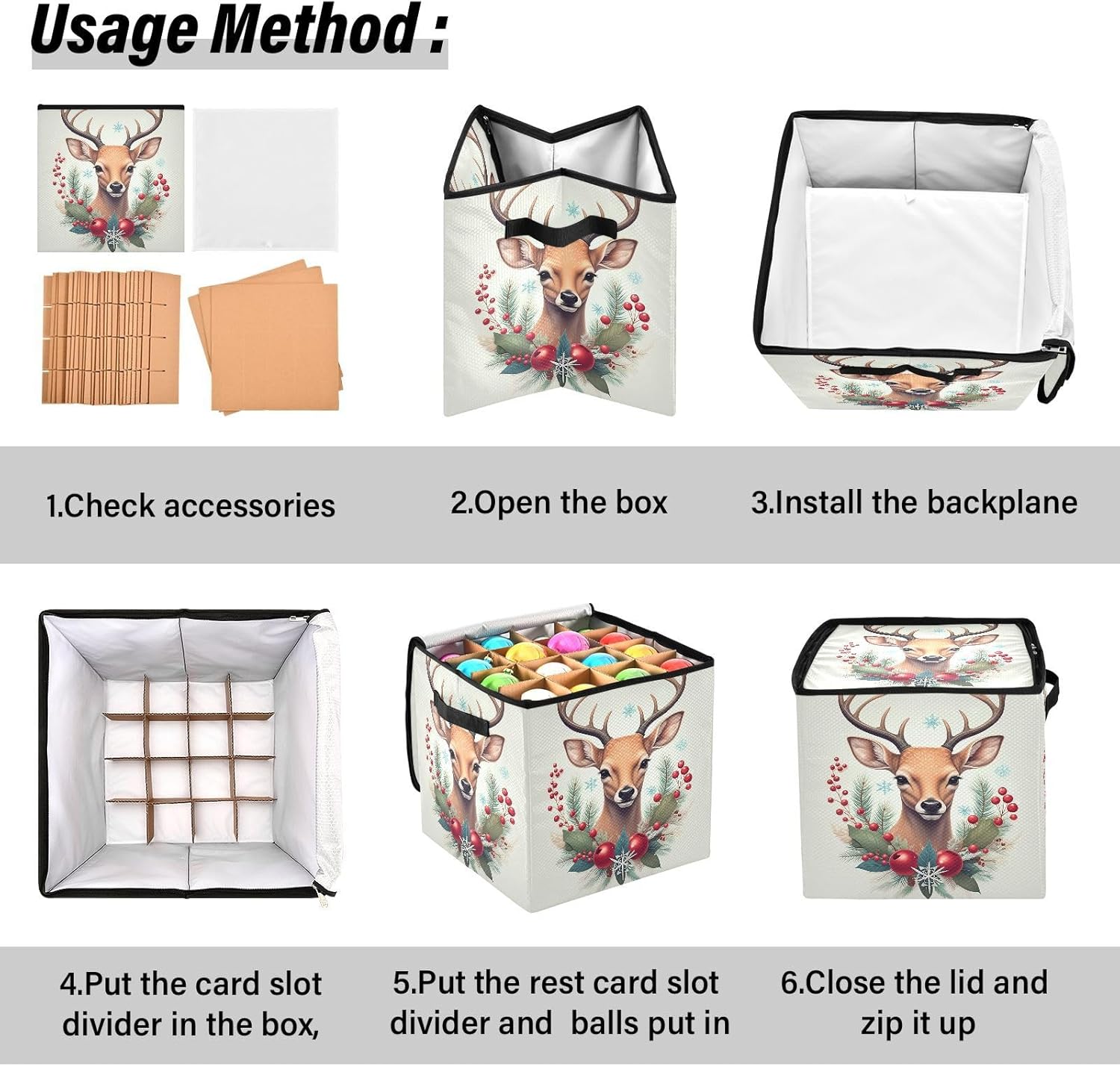 Deer Holiday Decor Ornament Storage Box - Holds up to 64 Holiday Ornaments with Adjustable Dividers - 13 Inch Fabric Organizer Cube with Lid and Handles for Christmas