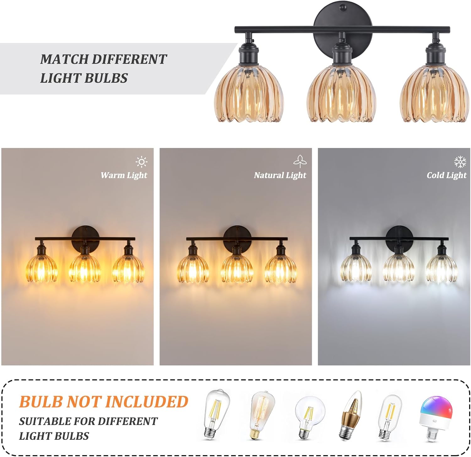 Shenmoyl Bathroom Light Fixtures, 3-Light Black Vanity wall Light Over Mirror with Amber Tulip Glass Shade for Bedroom Living Room (Bulb Not Included)