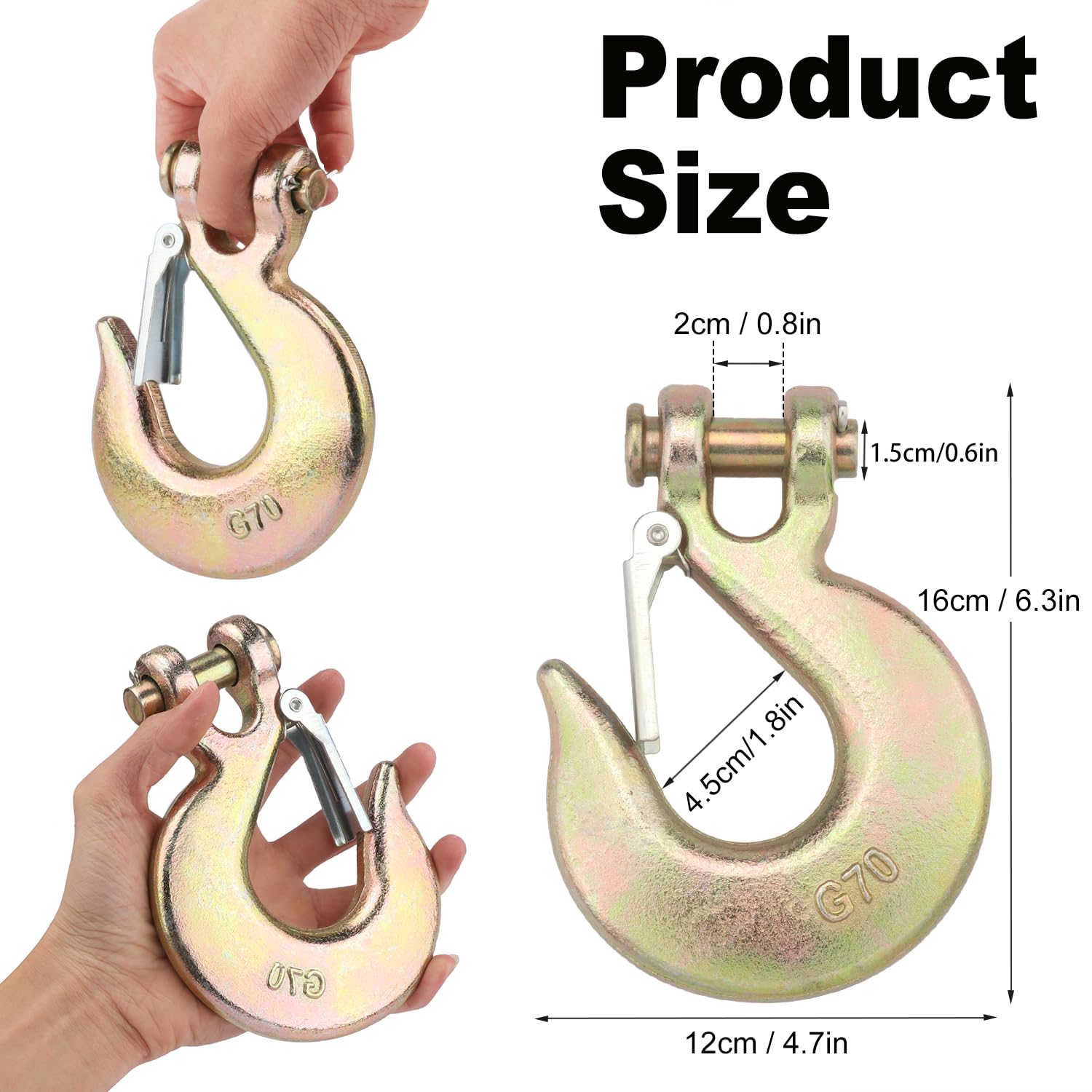 4 Pack 1/2 inch Forged Steel Clevis Slip Hook with Safety Latch, Heavy Duty G70 Clevis Grab Hook for Towing and Winch, 4t Capacity, 1.4 Inch Opening - Image 2