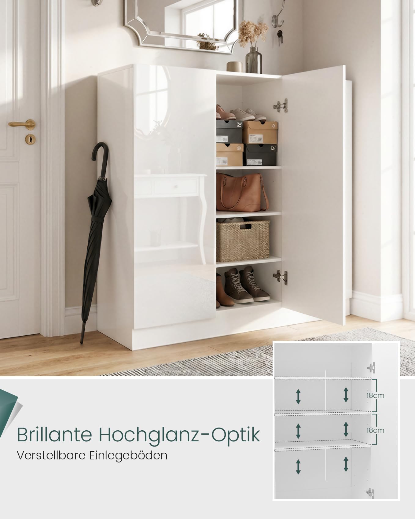 Schuhschrank Hochglanz 3 Türen (107x35x110 cm), Moderner Flurschrank Mehrzweckschrank mit Verstellbaren Einlegeböden, Grifflos Kommode für Flur Wohnzimmer, Großer Stauraum, Weiß