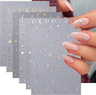 Metallic Moon Star Nail Art Stickers Decals Luxury Golden Silver Nail Stickers Sun Stars Moon Nail Art Design Nail Decals with Starlight Moon Charm Nail Adhesive Sliders for Women Manicure Decor 6PCS