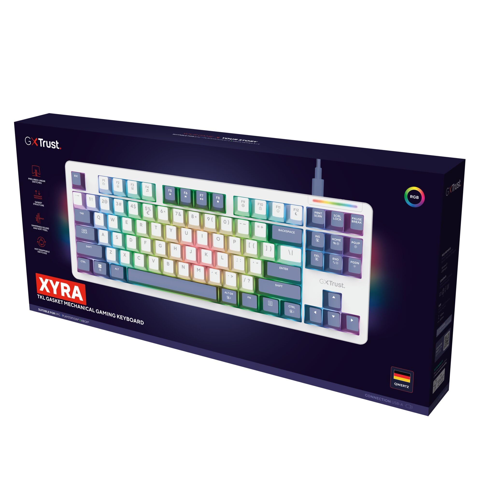 GXTrust 872 Xyra Gasket TKL Mechanische Tastatur QWERTZ Layout, Hot-Swap Creamy Gaming Tastatur 80%, USB Kabel, RGB Beleuchtung Programmierbar, 5-pin Leobog Linear 60M Schaltern für Gamer, Weiß