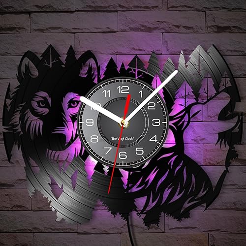Reloj de pared de lobo de vida silvestre de 12 pulgadas, 7 tipos de color LED, reloj de pared analógico negro decorativo vintage de cuarzo
