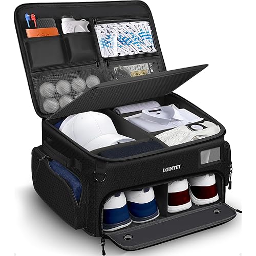 Golf Trunk Organizer, Waterproof Car Golf Locker with Separate Ventilated Compartment for 2 Pair Shoes, Golf Storage for Balls, Tees, Cap, Clothes, Gloves, Accessories, Gifts for Men, Women