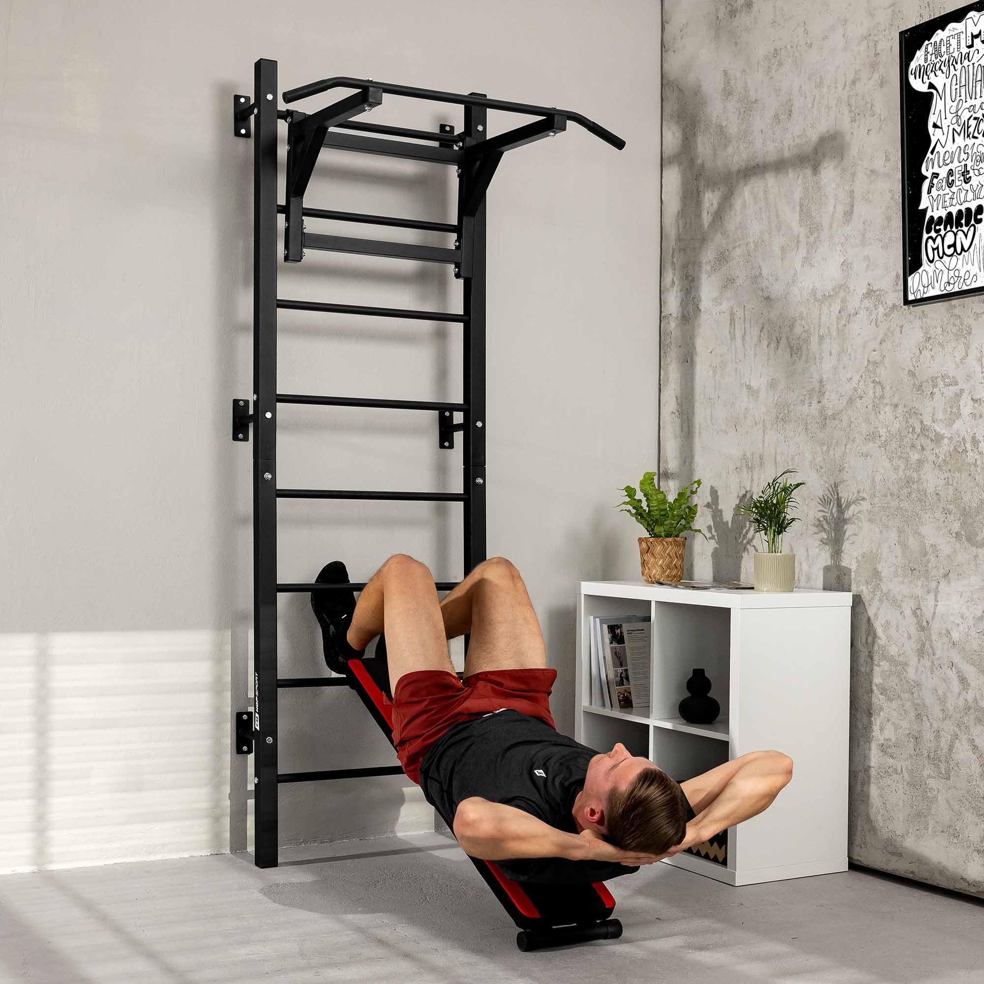 Hop-Sport Sprossenwand mit Klimmzugstange, Dip Station & Sit-Up-Bank | Wand Kraftstation für Zuhause | Calisthenics & Krafttraining | Max. Belastung 150 kg
