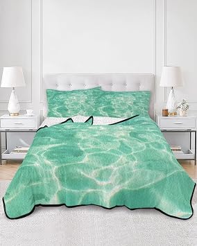Twin XL Size Quilt Bedding Set, Teal Green Waves Lightweight Soft Quilts Comforter, Summer Ocean Coastal Nautical Geometric Quilted Bedspread with 2 Pillow Covers for All Season 68" x 98"