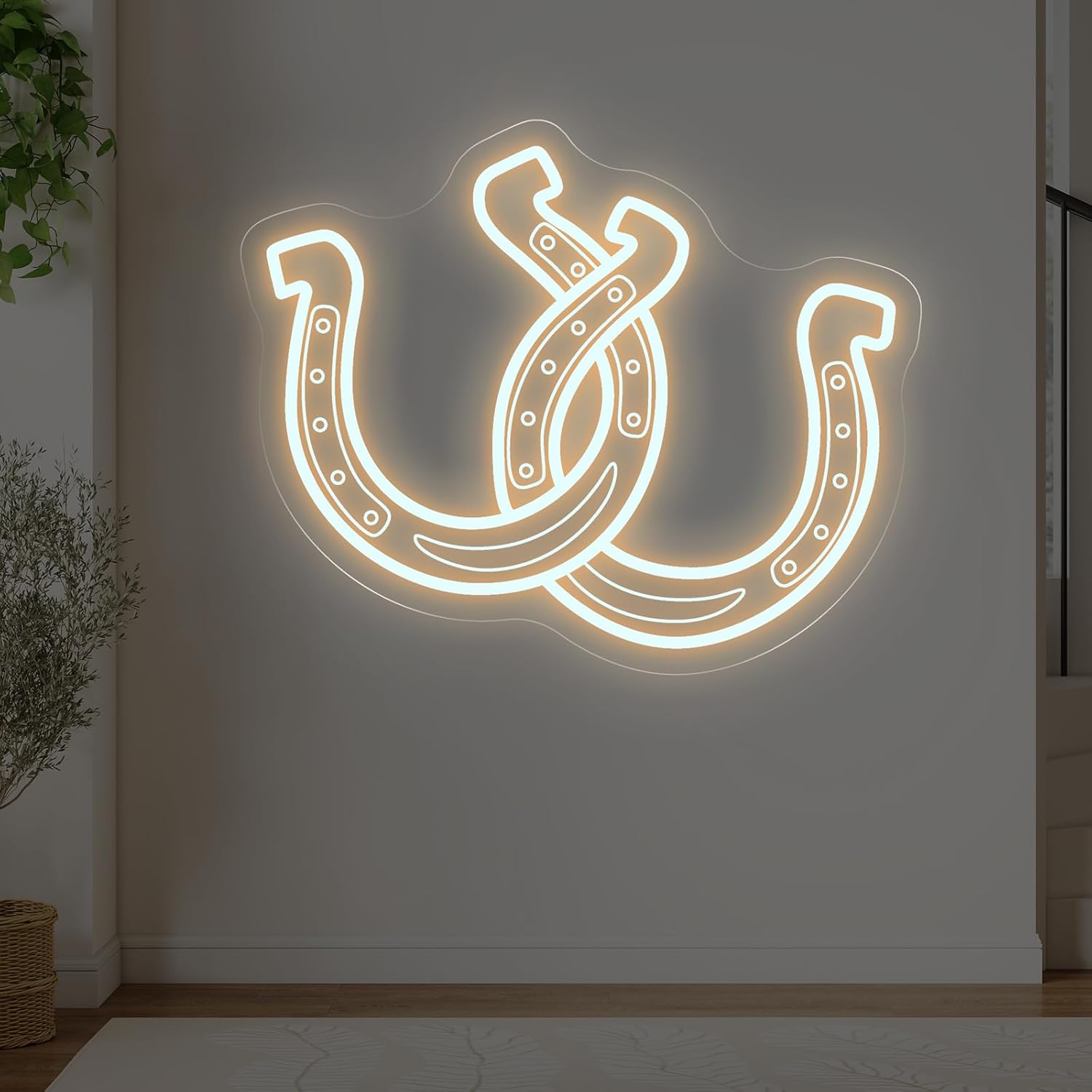 Double Horseshoe Neon Sign – 16" x 13" Warm White Lucky Horseshoe LED Light for Bedroom, Living Room, Bar, Game Room, Farmhouse, Ranch, Western Decor