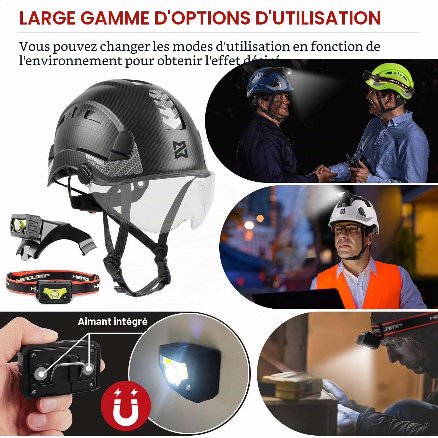 HEARMOR Casque de protection à LED en ABS - Casque forestier pour adulte - Certification EN397 et EN12492 - Absorption des chocs et résistance à la pénétration