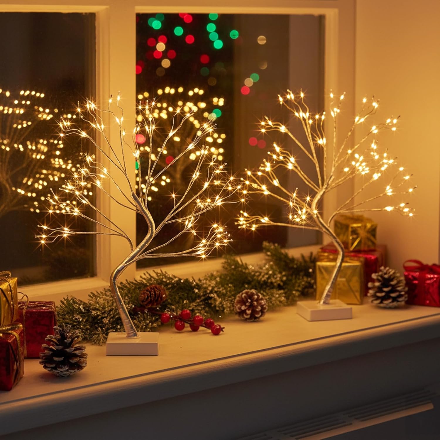 EAMBRITE Fairy Light Tree, 108 Led Light up Trees Decor Indoor, 8 Modes Fairy Light Spirit Tree for Christmas Decorations, USB& Battery Tabletop Bonsai Tree for Home Bedroom Decorations (2 PK, Sliver) - Image 5