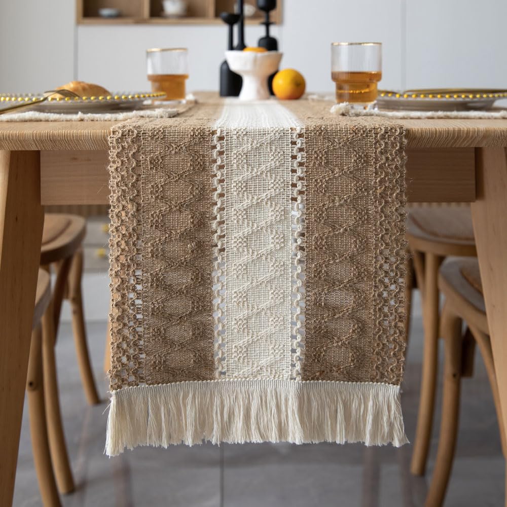 Odot Table Runner Vintage Fringe Boho, Seasonal Fall Winter Machine Washable Kitchen Dining Table Decoration long tablecloth, for Thanksgiving Events Home Party Decor (30x260cm,Khaki white A)