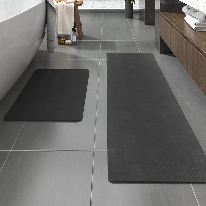 Alfombra de baño con respaldo de goma, antideslizante, de secado rápido, absorbente, fina, para debajo de la puerta, superficie de gamuza sintética, alfombrillas de baño, alfombra de ducha para delante de la bañera, juego de alfombras gris oscuro