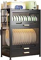 FAQINZYUAN 4-Tier Kitchen Countertop Dish Storage Cabinet with Drawers - Dustproof Organizer for Plates, Bowls, Bottles (Black)