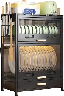 FAQINZYUAN 4-Tier Kitchen Countertop Dish Storage Cabinet with Drawers - Dustproof Organizer for Plates, Bowls, Bottles (Black)