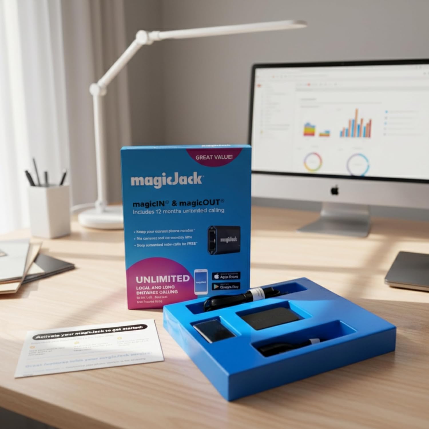 magicJack VOIP Phone Adapter - Unlimited Calls to US & Canada, No Monthly Bill, Portable Internet Phone with App, magicIN™ & magicOUT™ Service