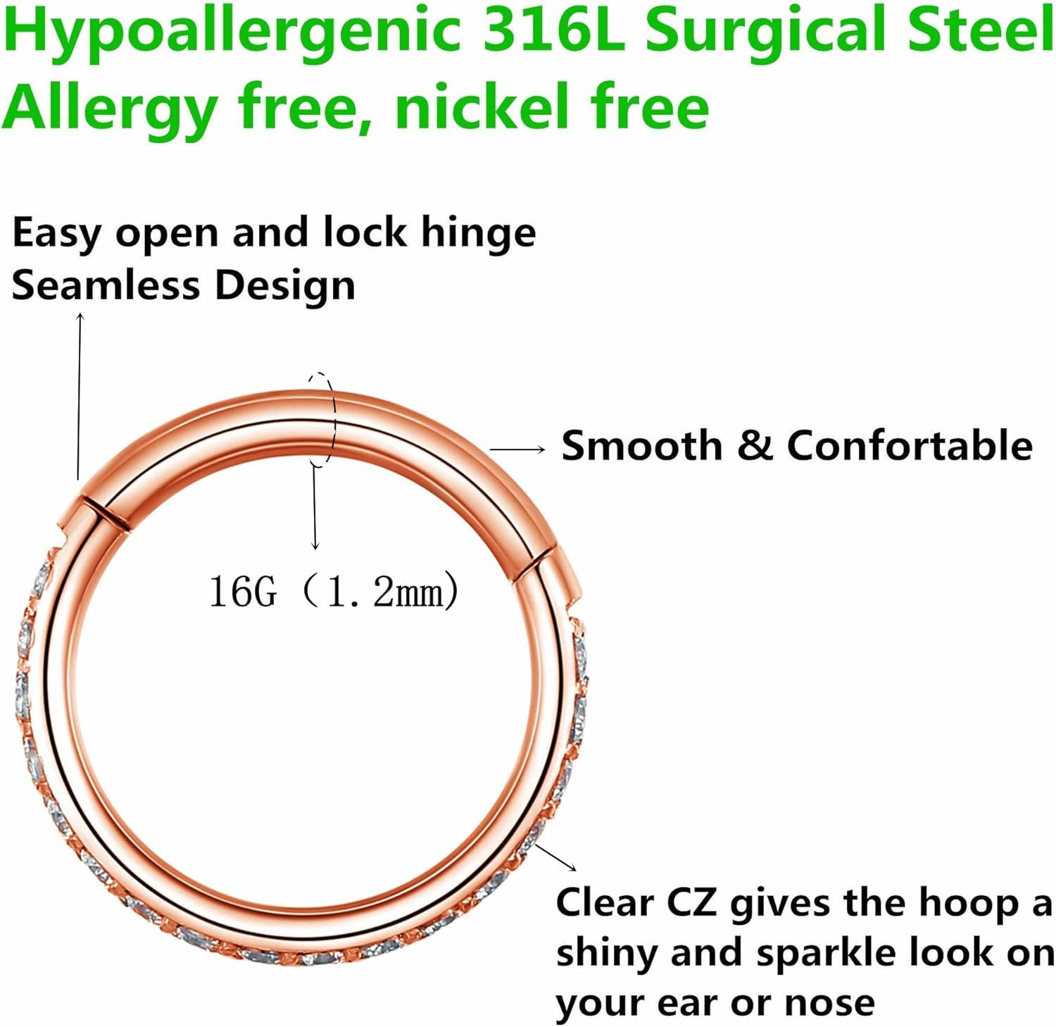 Clear CZ Nose Rings & Earrings - 316L Surgical Steel - Cartilage, Conch, Daith, Helix, Rook, Tragus, Lobe & Snug Body Piercing Jewelry - 20G, 18G - Image 2