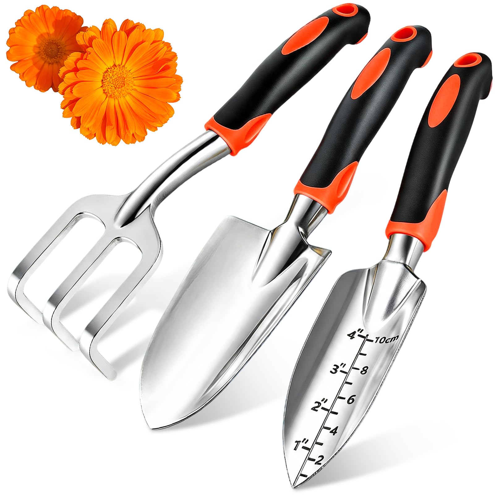 Garden Tool Set 3 Piece, Heavy Duty Aluminum Gardening Tools with Soft Grip Handles, Non-Slip Hand Rake, Trowel & Weeding Shovel for Gardeners, Gardening Gift