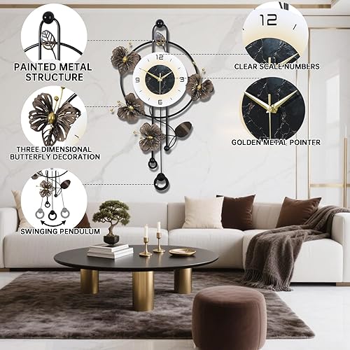 Miniatura 3 de Reloj de pared, movimiento de cuarzo silencioso a pilas con péndulo, relojes de pared grandes modernos de metal de gran tamaño para sala de estar,