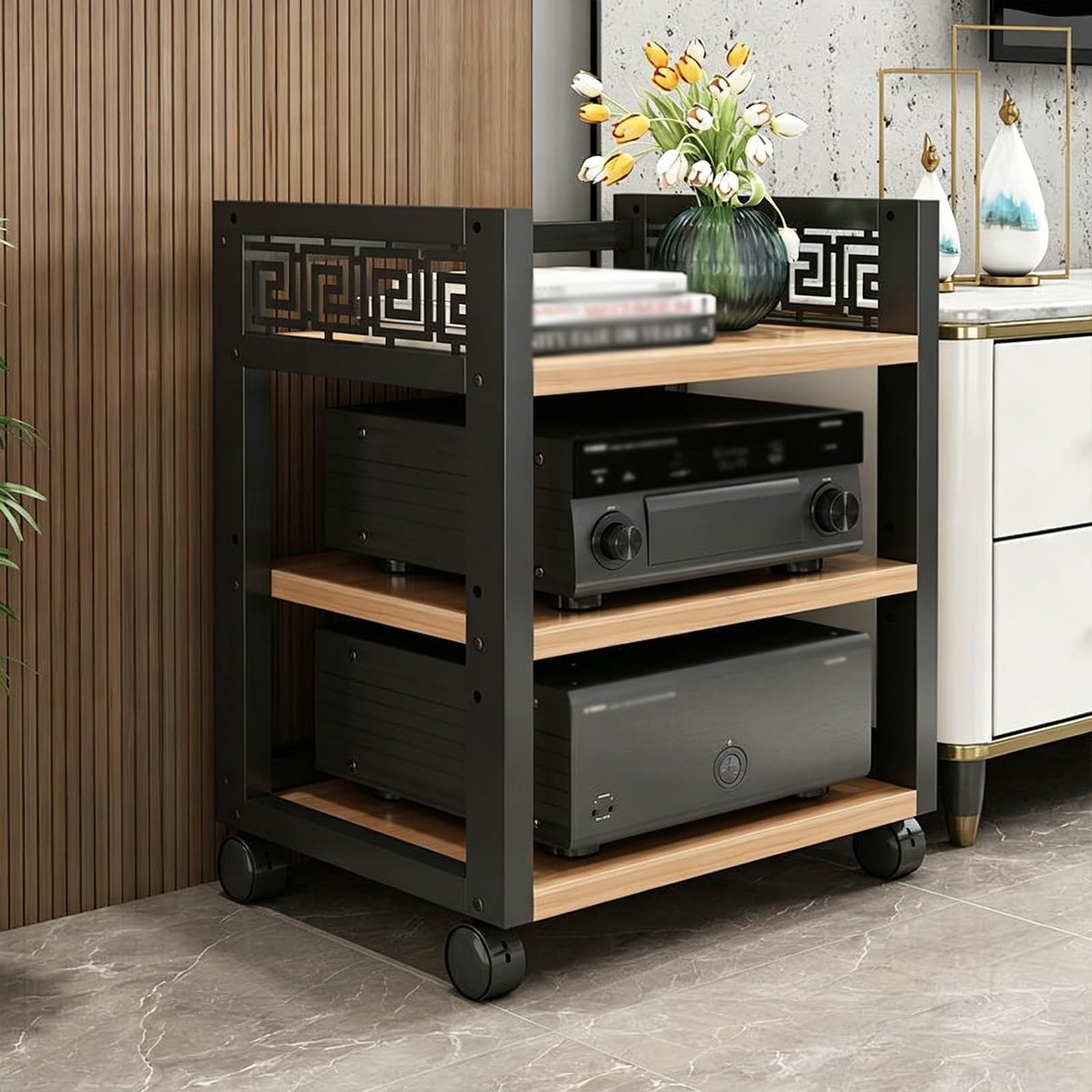 Supporto multimediale AV a 3/4/5 livelli, armadietto per componenti audio/video, mensola angolare in legno mobile, torre audio e centro multimediale per casa/ufficio/DJ/teatro, 4 colori (noce chiaro