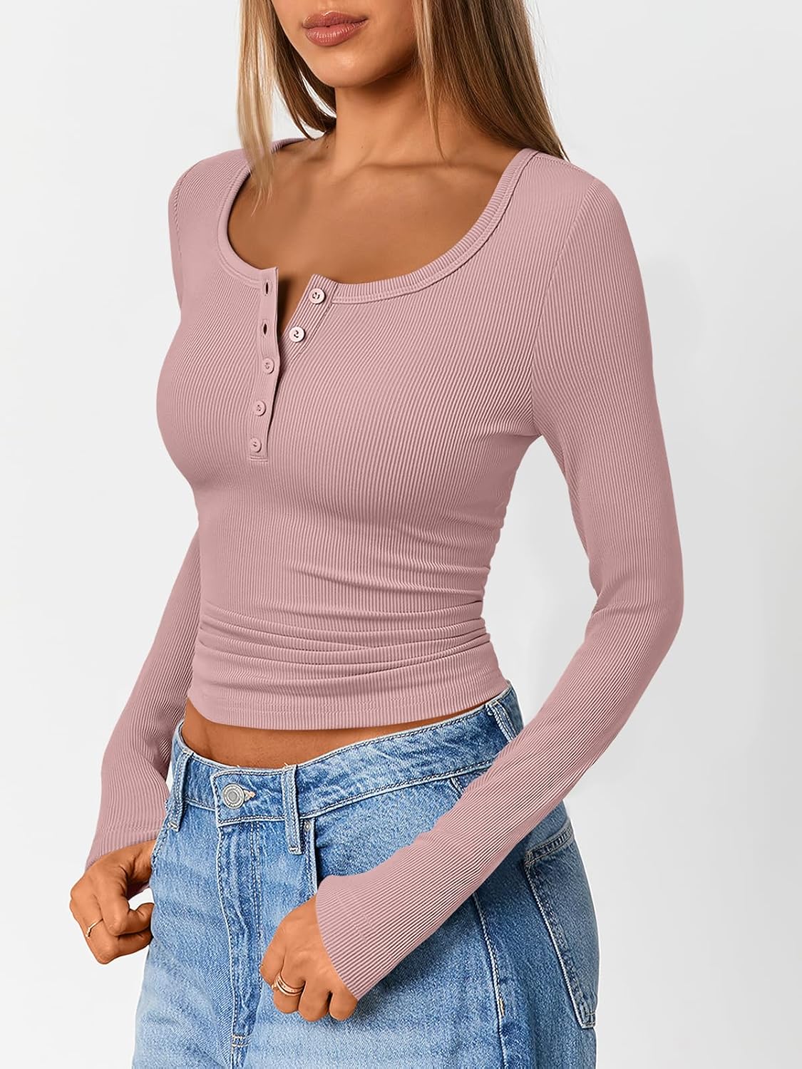 Trendy Queen Long Sleeve Shirts for Women Henley Ribbed Fall Tops Dressy Business Casual Teen Girl Winter Cute Basic Tees - Image 3