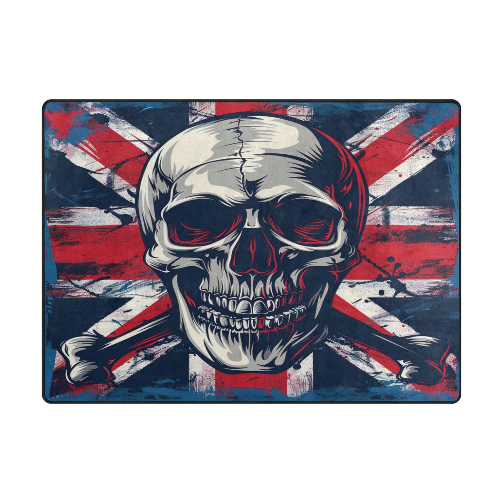 Tapis de sol contemporain grand format motif Union Jack et crâne finition douce