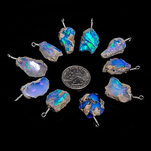 Miniatura 101 de Real Ethiopian Opal Rough Crystals Pendant Necklace Gemstone Natural Raw Crystals Fire Play Healing Crystals, October Birthstone, 925 Sterling