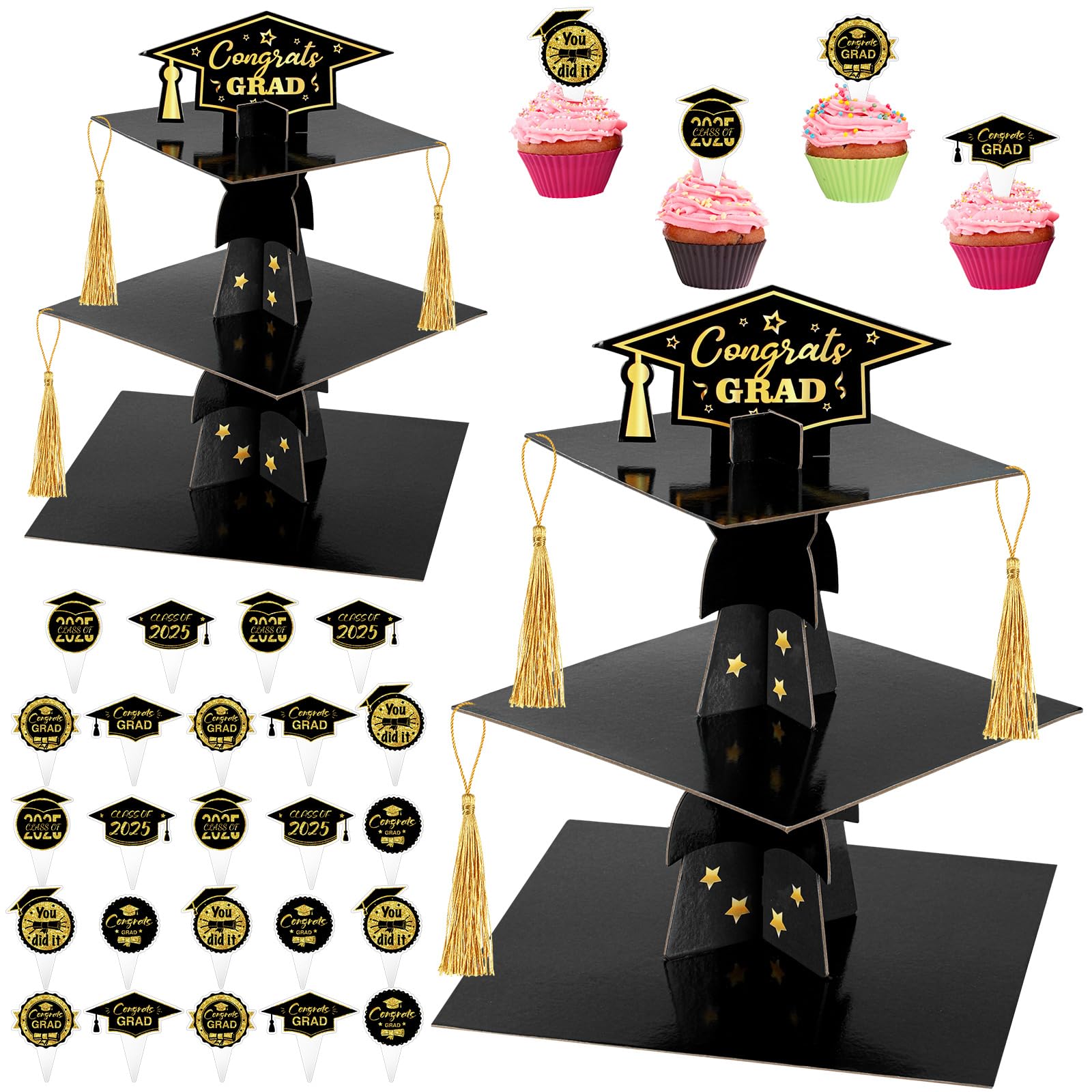 Mooliwe Supporto per cupcake con tappo di laurea con topper per cupcake di laurea, decorazioni per feste di laurea, nappa, cartone per dessert, supporto per torta di laurea, torre per feste di laurea
