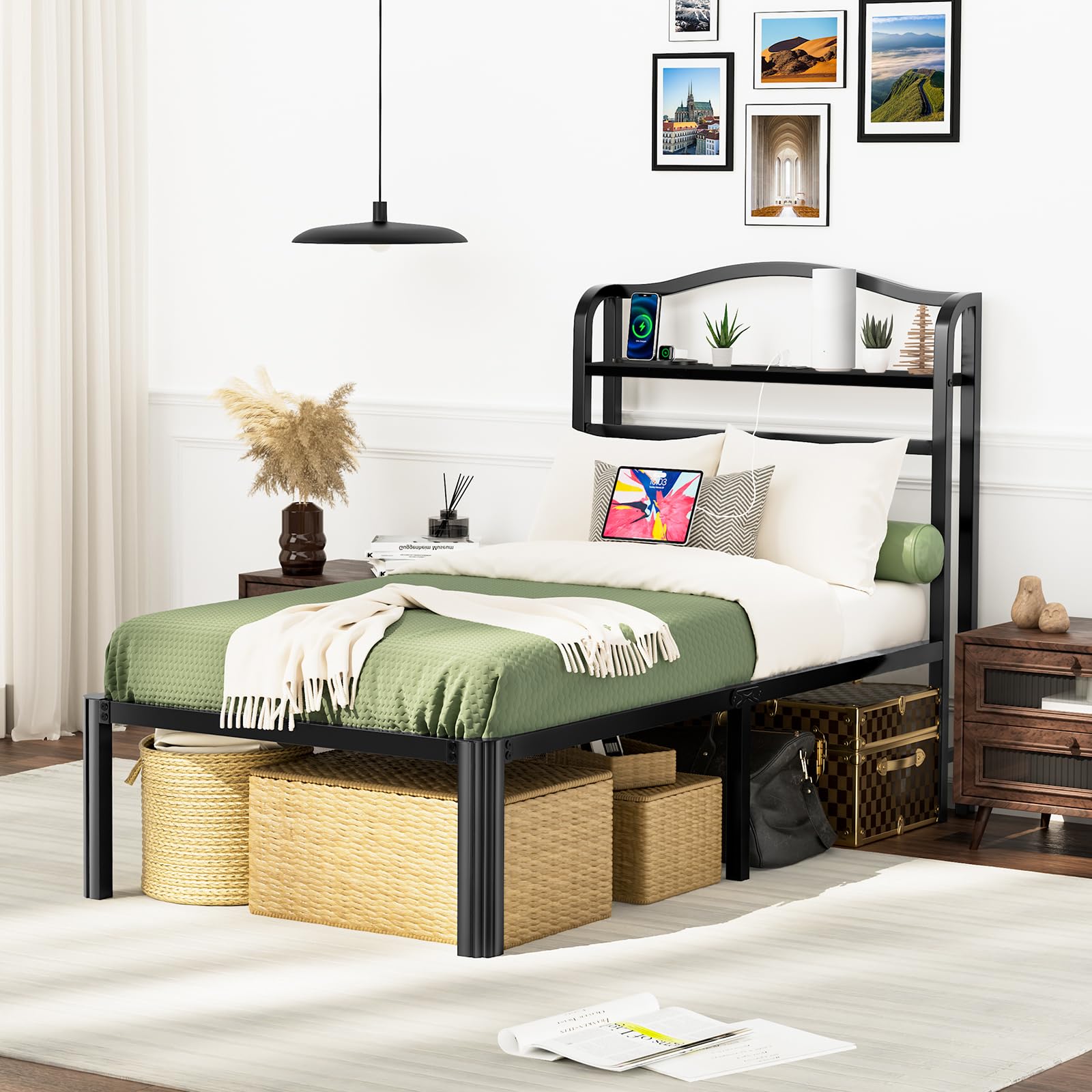 RmagineX Twin XL Size Bed Frame, 18 Inch High Heavy Duty Metal Platform Bed Frames with Headboard,Charge Stations,No Box Spring Needed,Easy Assembly,Black (18 Inch, Twin XL-Black)