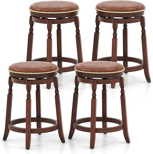 COSTWAY Juego de 4 taburetes de bar redondos giratorios de madera, sillas tapizadas de piel sintética sin espalda de 24 pulgadas con reposapiés,
