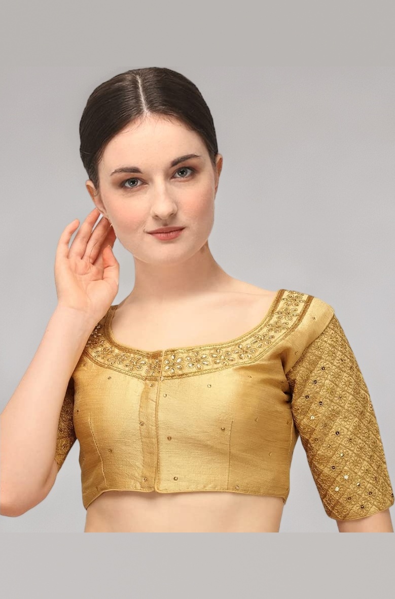 Pujia Mills Women's Embroidery Handwork Sequence Work Necklace Design Readymade Blouse