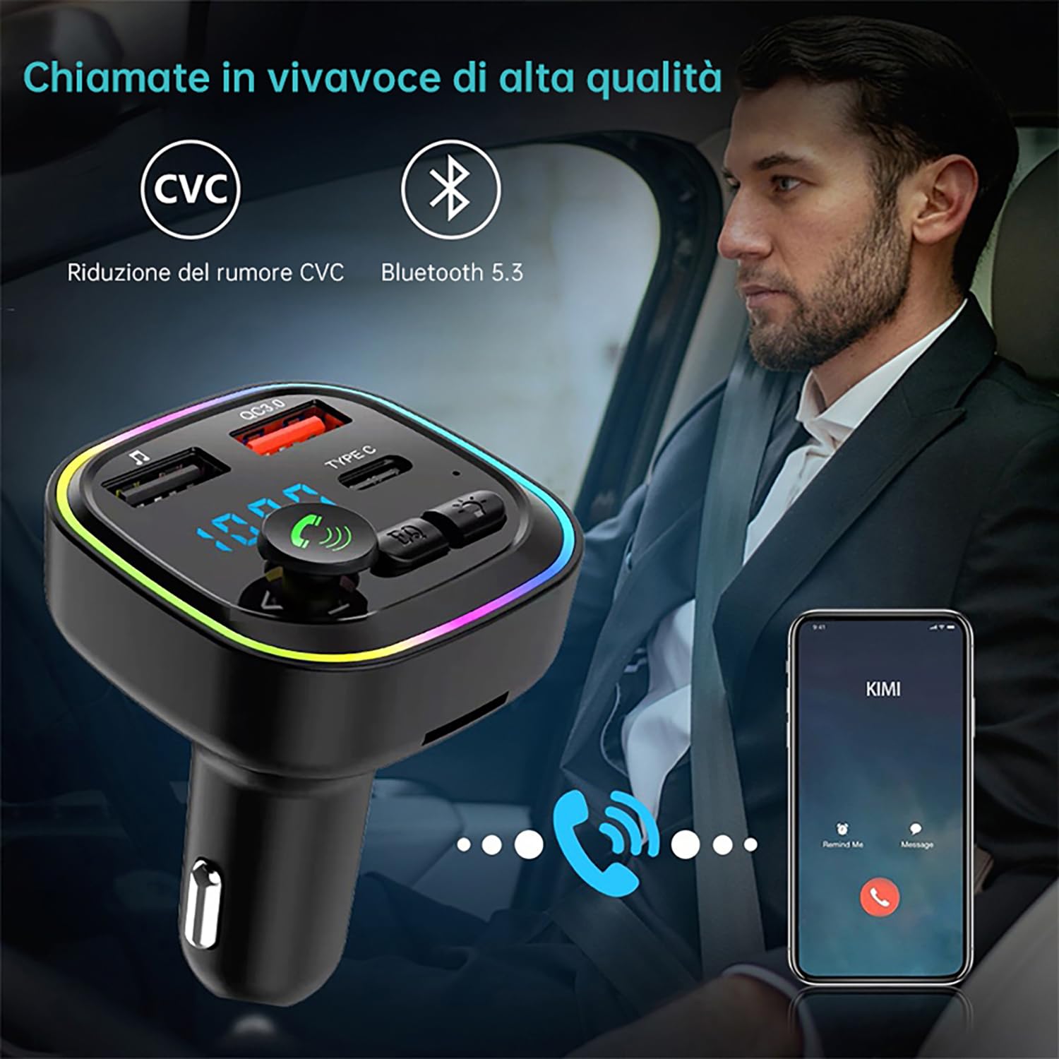 Trasmettitore FM Bluetooth 5.3 Per Auto Con Ricarica Rapida QC3.0 E PD 20W - Doppia USB, Type-C E Vivavoce - Foto 7