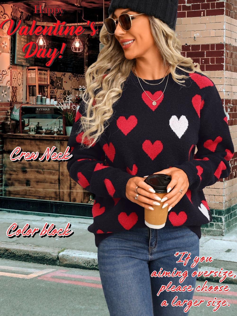 Kaei&Shi Heart Sweater,Pattern Chunky Pullover Sweaters,Cute Date Valentines Outfits Women - Image 4