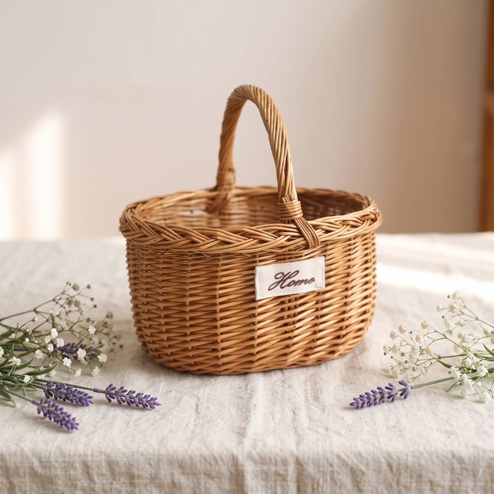 Cestino da Picnic Intrecciato Cesto Intrecciato Cestino Portaoggetti Cesto con Manico Cesto Decorativo Artigianale con Manico Finitura Naturale, Grande