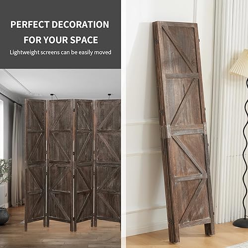 Miniatura 5 de Uffigama Divisor de habitación, 4 paneles de madera independientes, pantallas de privacidad plegables altas, madera de granero rústica para