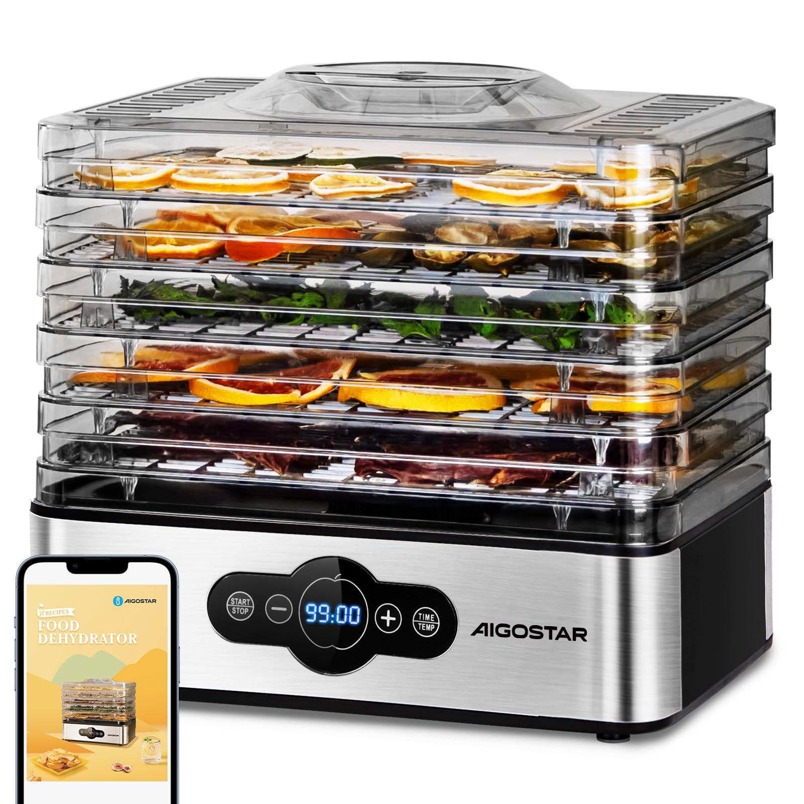 Aigostar Deshydrateur Alimentaire avec 5 Plateaux, Déshydrateur sans BPA, Minuterie 99h et Température 35-75 °C, Écran LED, 240W, pour Fruits, Poisson, Légumes, Viande, Jerky, Herbes etc