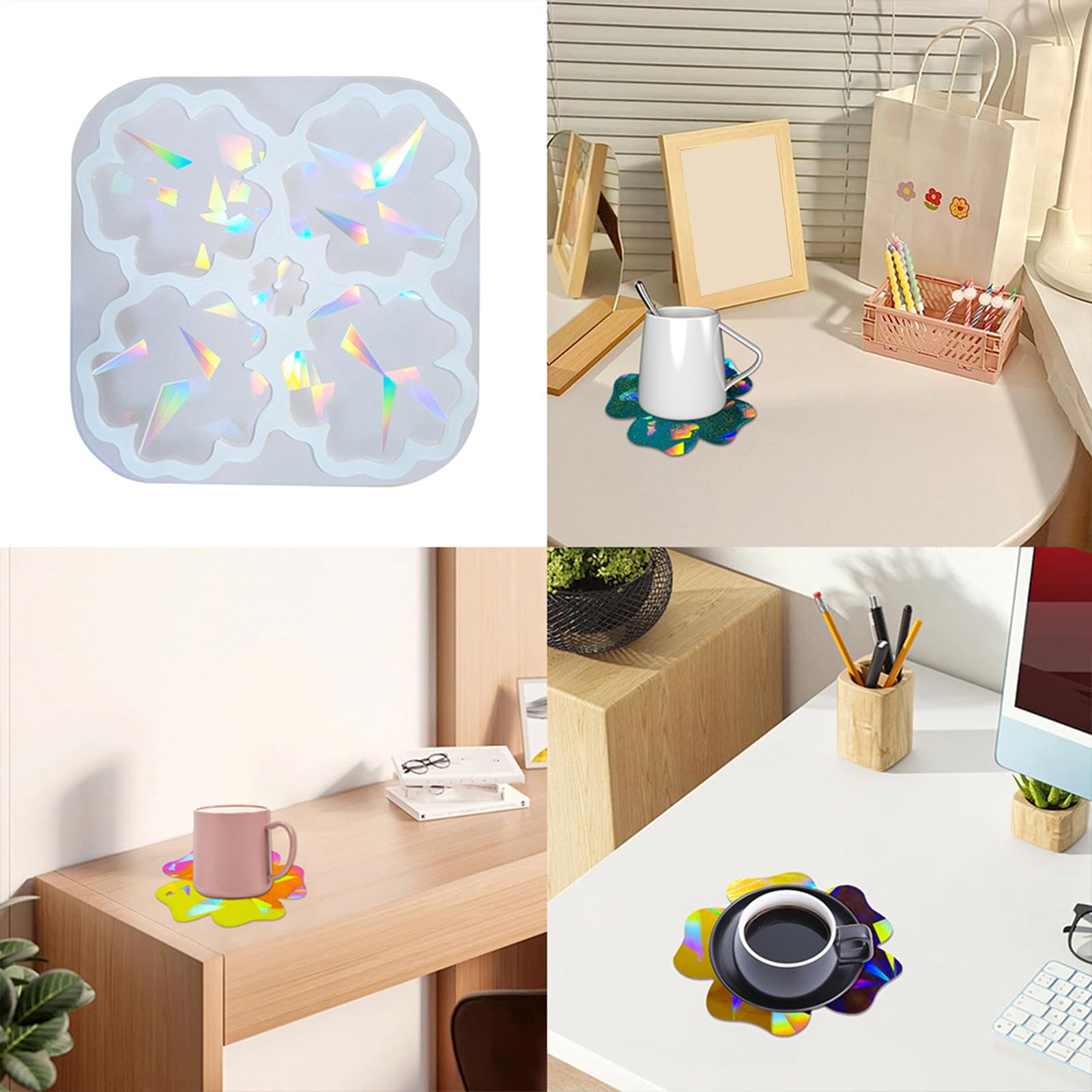 Molde de silicona resistente al calor, posavasos de flores holográficas, efecto arco iris, flores, estera, vajilla, decoración, posavasos holográficos