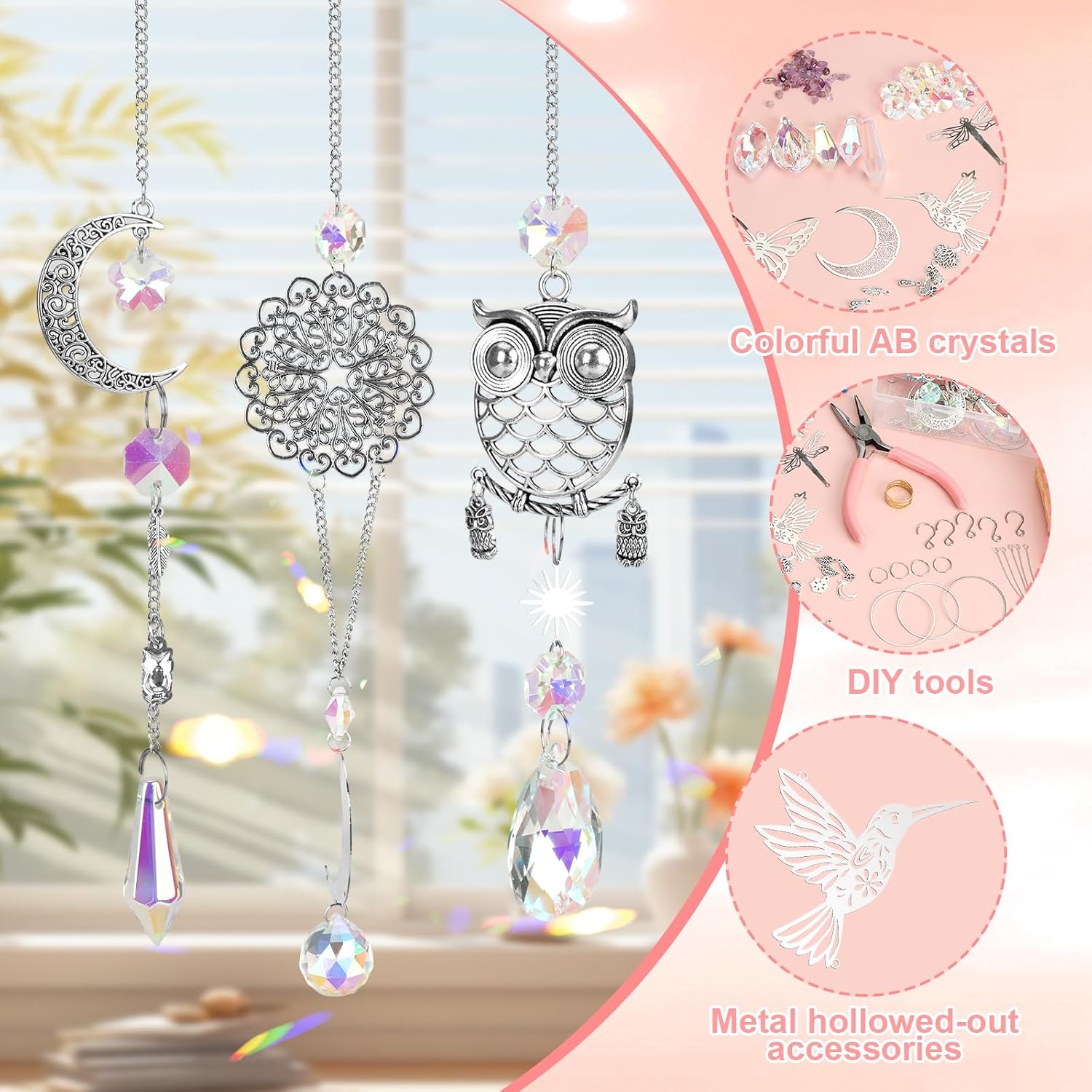 Tarklanda 460 PCS DIY Crystal Suncatcher Craft Kit - Rainbow Maker Hanging Sun Catchers with Hooks Chains Colorful Prism Pendants for Window Garden Home Decor Wedding Birthday Gifts