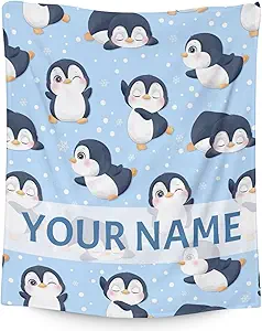 Custom Penguin Blankets with Name - Soft Warm Blanket Throw for Kids, Adults - 40"x50" Flannel Blankets for Couch, Sofa - Blue Cute Blanket Gifts