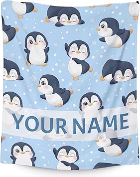 Custom Penguin Blankets with Name - Soft Warm Blanket Throw for Kids, Adults - 40"x50" Flannel Blankets for Couch, Sofa - Blue Cute Blanket Gifts