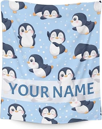 Custom Penguin Blankets with Name - Soft Warm Blanket Throw for Kids, Adults - 40"x50" Flannel Blankets for Couch, Sofa - Blue Cute Blanket Gifts