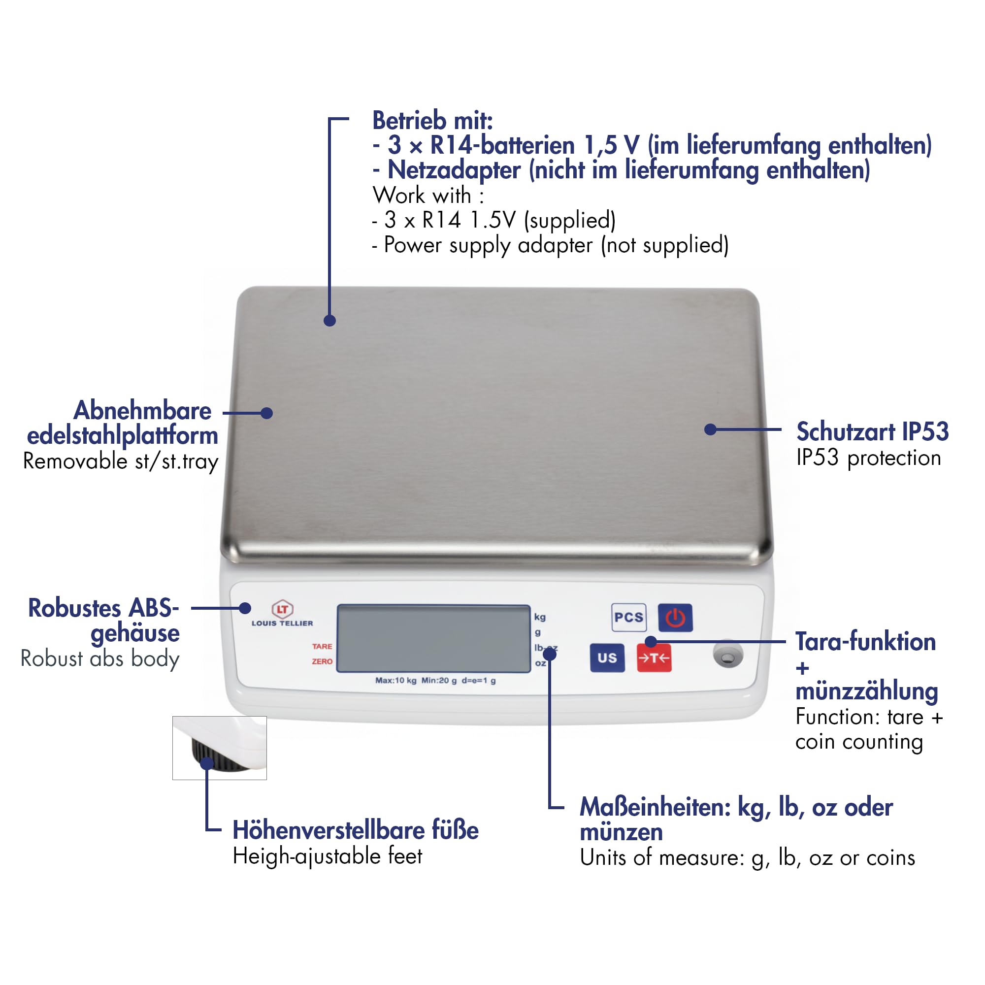 Professionelle Digitale Küchenwaage 10 kg IP53-240x240x75 mm | Präzise Messungen bis 10 kg • IP53-Schutz • Abnehmbare Edelstahlplattform